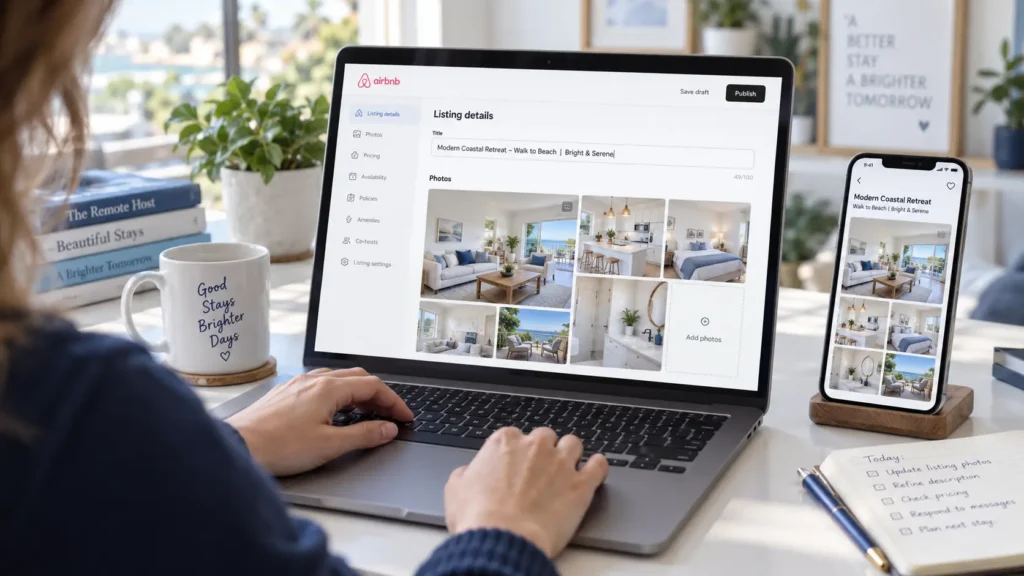 Laptop and phone showing an Airbnb listing setup