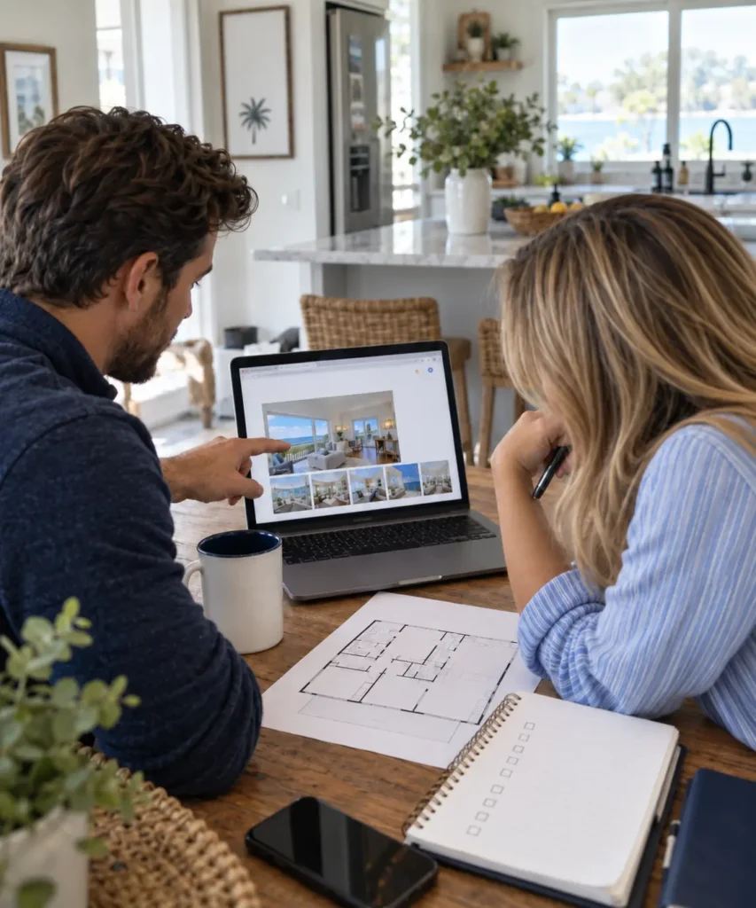 Host and client reviewing a short-term rental listing and floor plan together